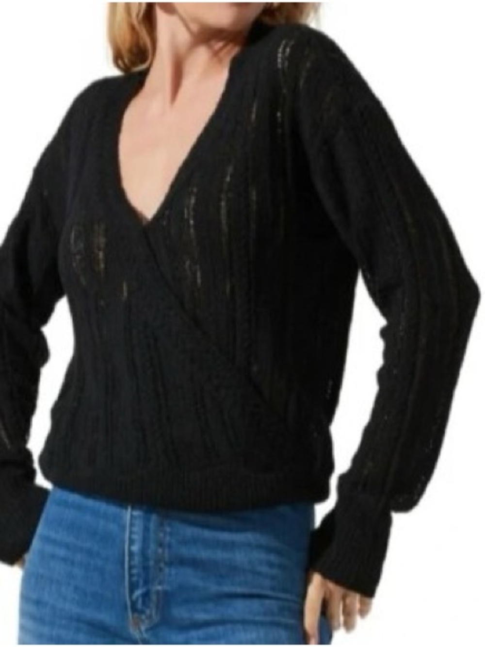 ASTR The Label - Wrap Front Pointelle Black Long Sleeve Lightweight Sweater SM